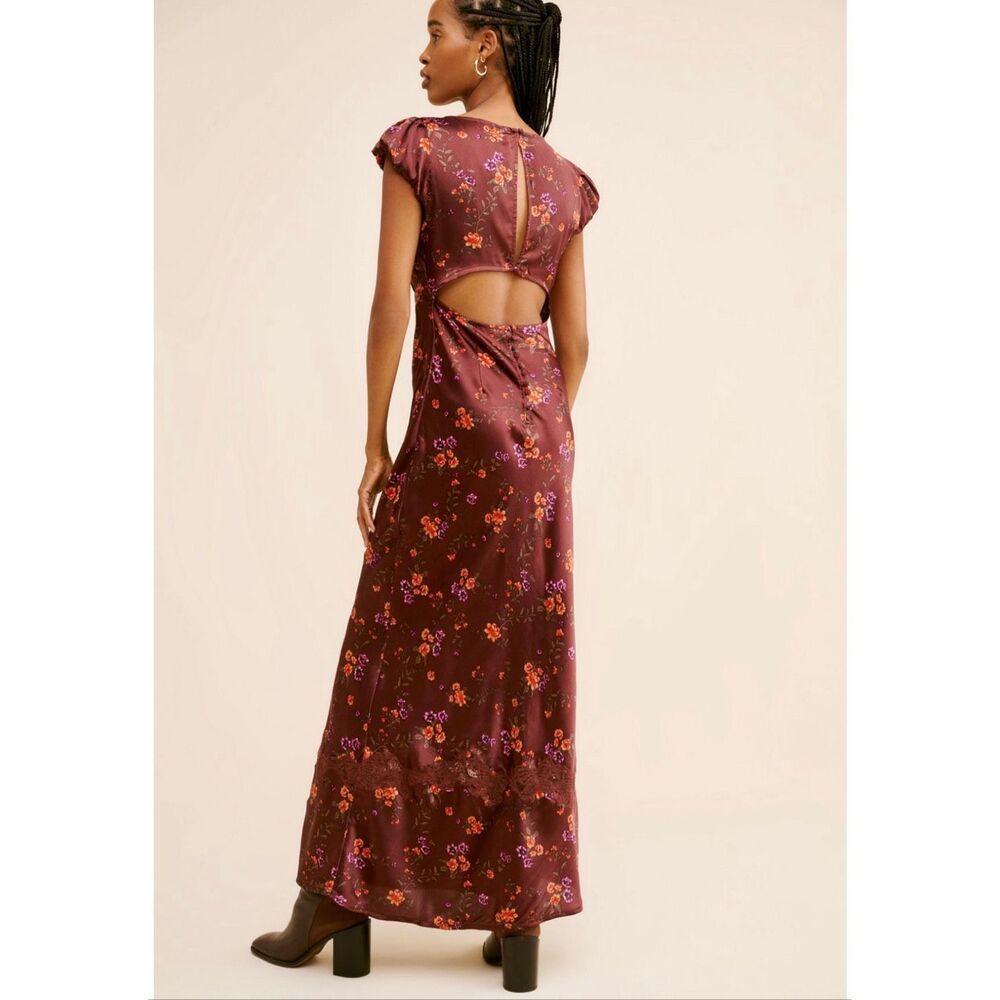 Free People Sz L Butterfly Babe Maxi Dress Floral Satin Lace Cutout Burgundy Pur - Picture 6 of 15